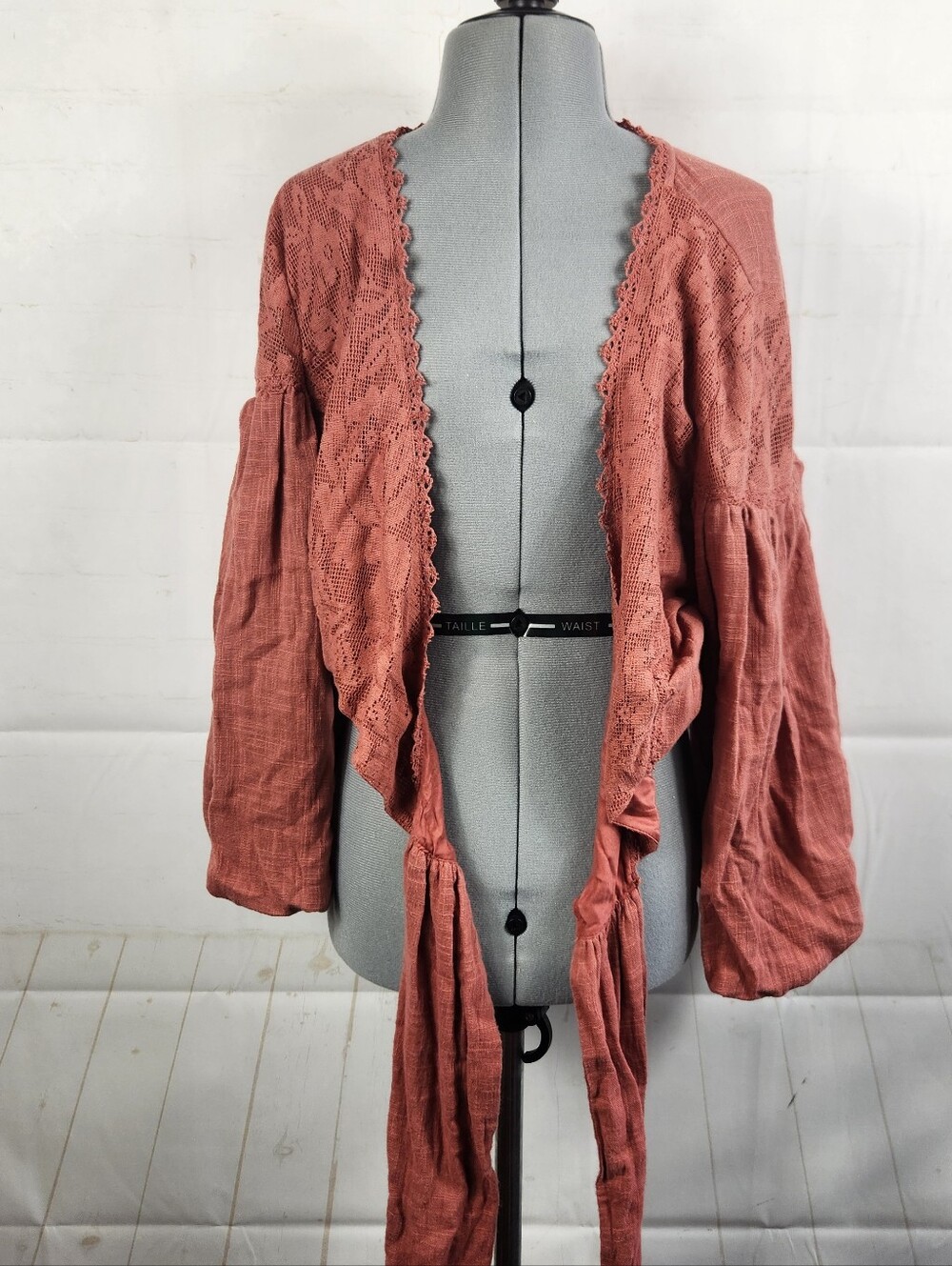 Free People Dolly Wrap Top Terra Cotta Lace Boho Balloon Sleeve Crop Blouse L - Picture 12 of 16